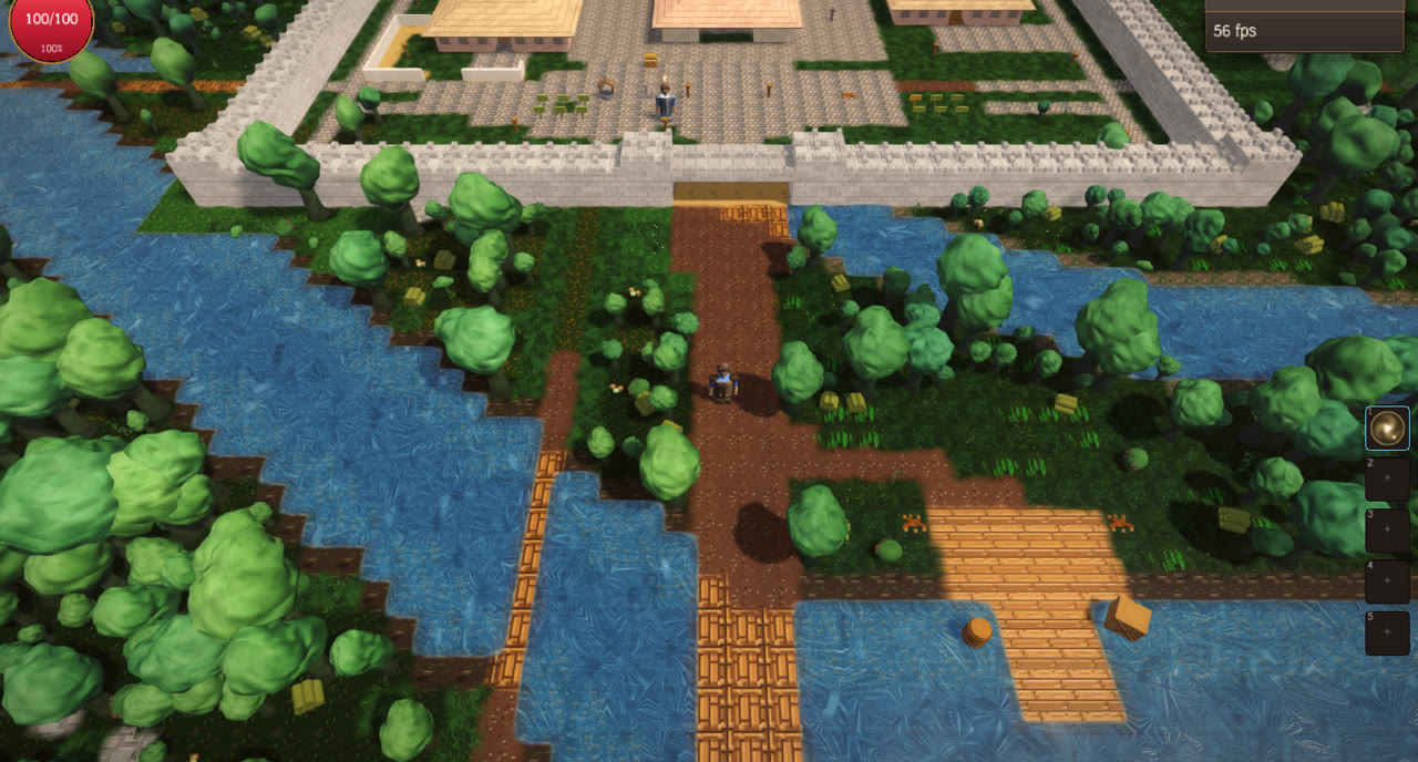 A large stone-walled castle above a river crossing, with planted fields inside the walls and bridges leading in.