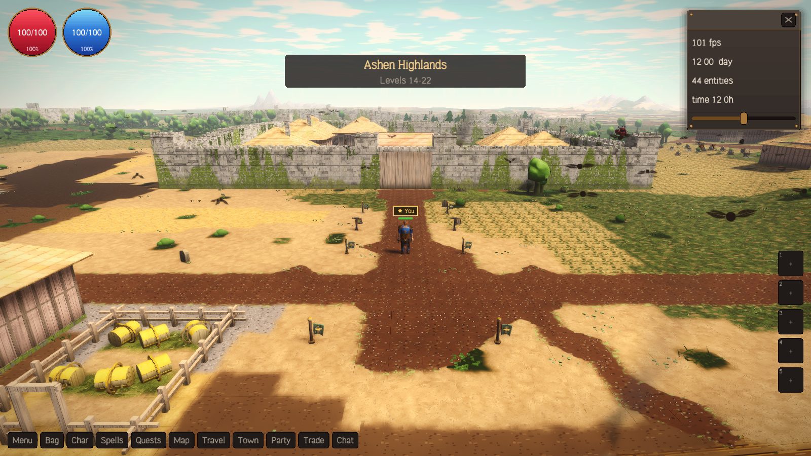 Emberhold's pale walls above sunlit fields, with a farm, haybales and a dirt road in the foreground.