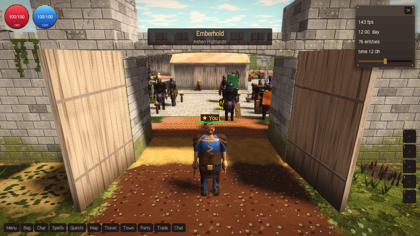 Looking through Emberhold's open wooden gates at townsfolk gathered in the street beyond.