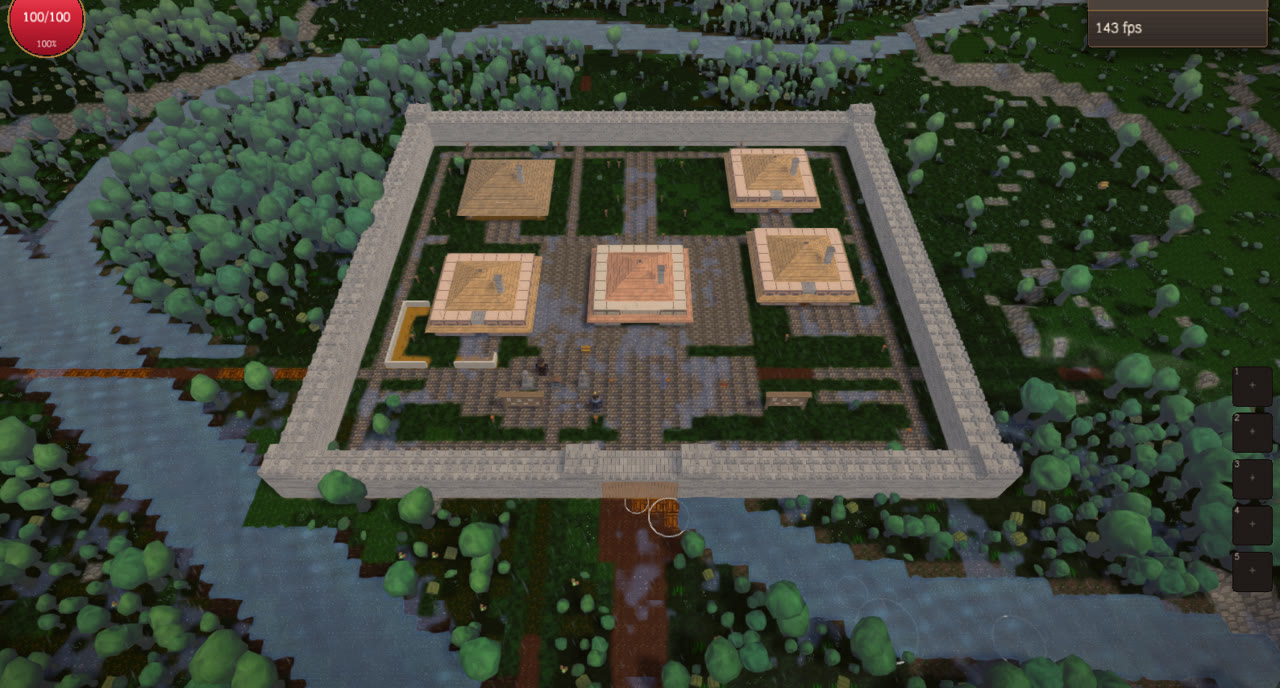 A walled keep with four halls inside its curtain wall, ringed by a river and forest, seen from above at dusk.