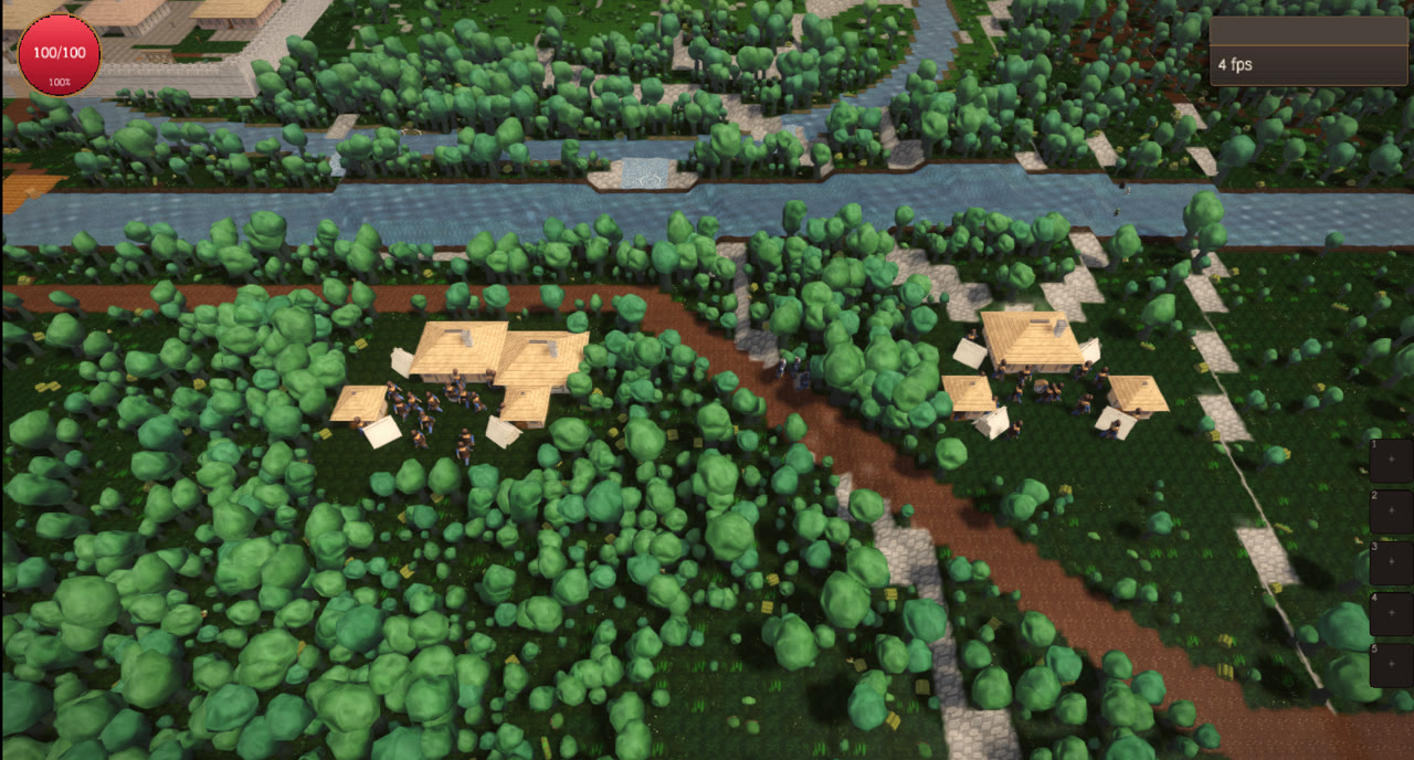 Two settlements on either side of a river with a road between them, dense forest all around.