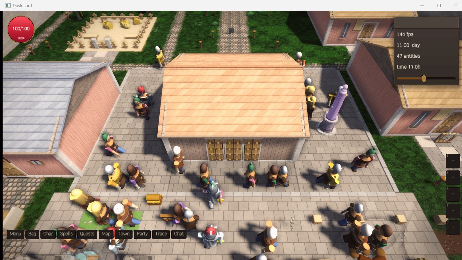 A market square in daylight, stalls around a tiled hall, with people standing and moving between them.