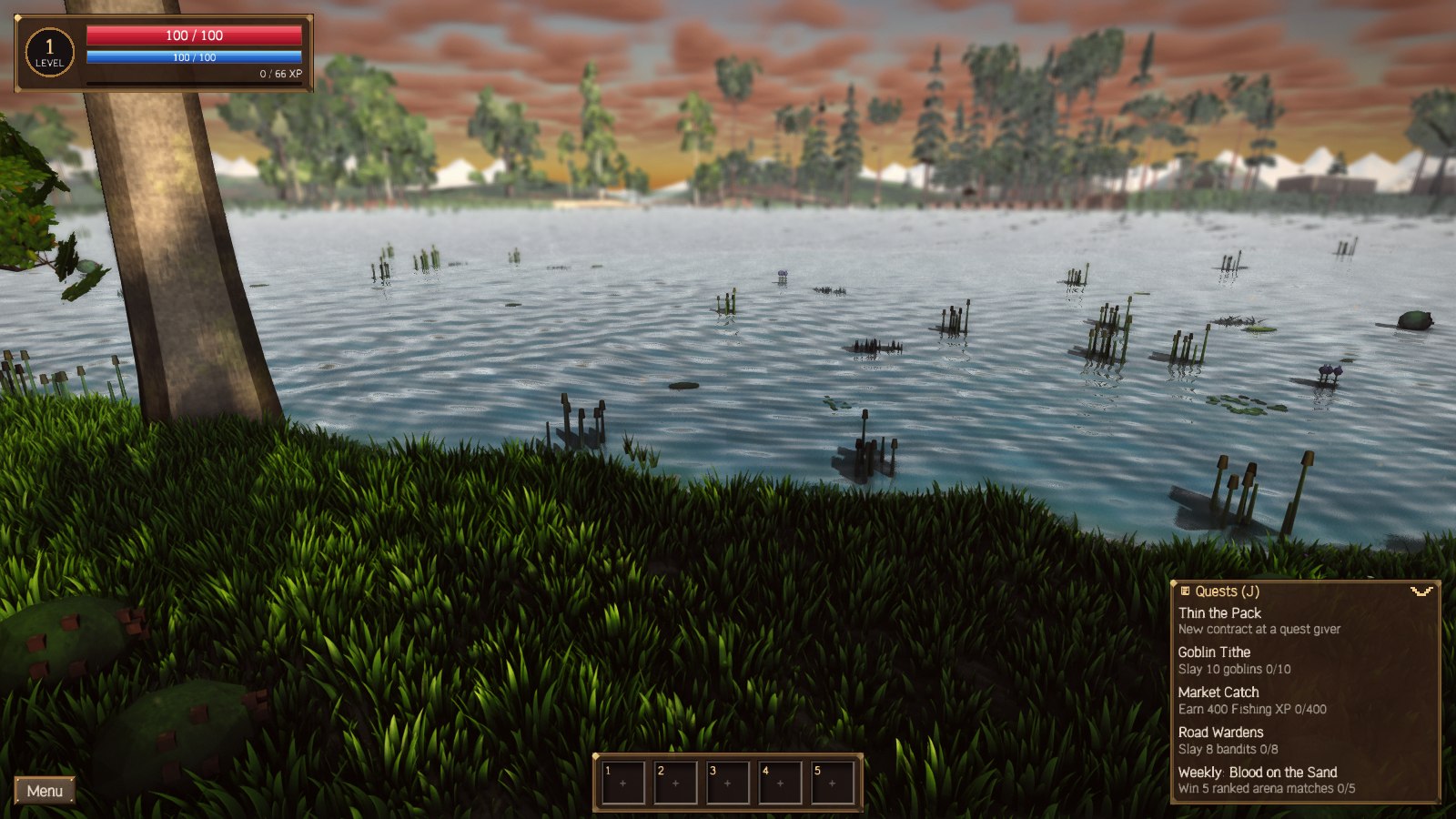 Mirrormere's reed-dotted water under a red evening sky, with snowcapped peaks beyond the far shore.