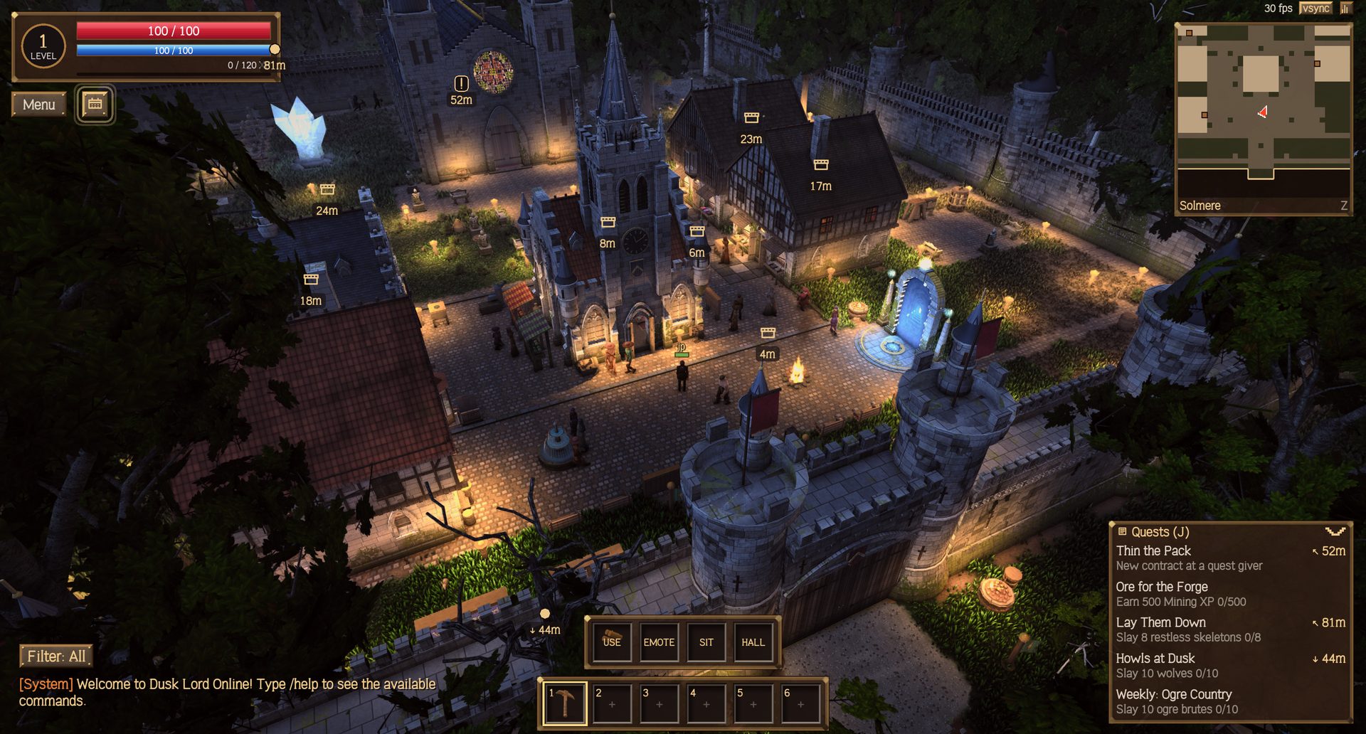 Solmere at night from the city wall: lantern-lit streets, a church spire, half-timbered houses, a glowing waygate and the quest tracker on the right.