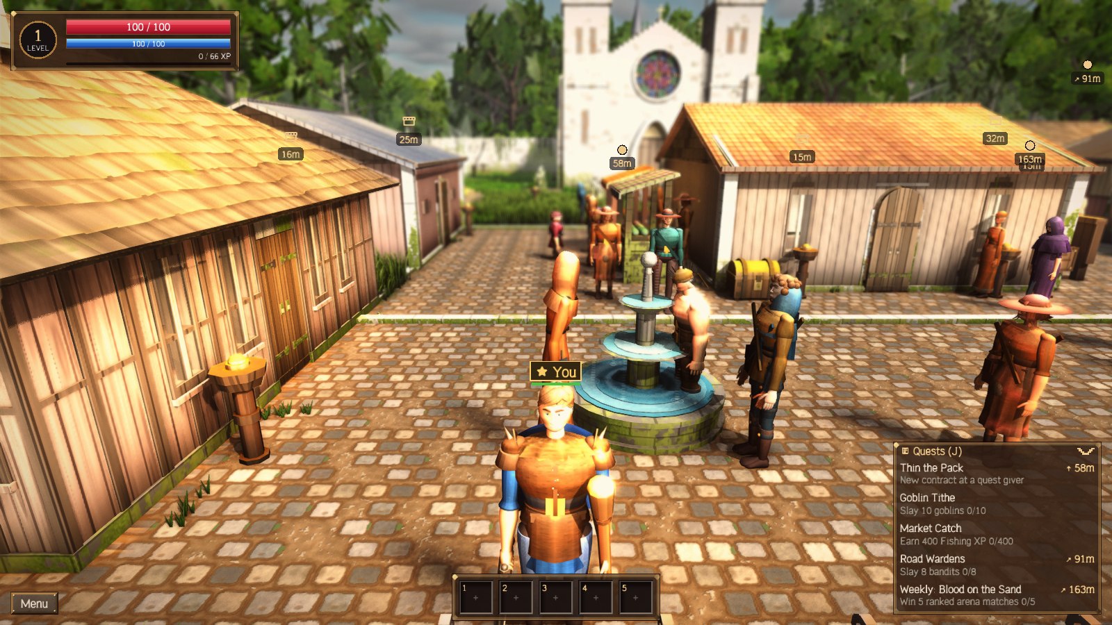 A market square with a fountain, townsfolk and a produce stall, the cathedral rising behind the rooftops.